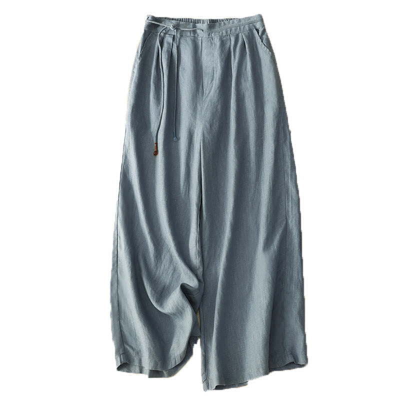 Nimara Ritual Spring Casual Solid Color Drawstring Design Women's Cotton Linen 7-8 Length Wide Leg Pants With Pockets