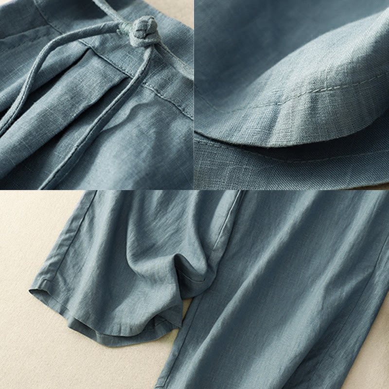 Nimara Ritual Spring Casual Solid Color Drawstring Design Women's Cotton Linen 7-8 Length Wide Leg Pants With Pockets