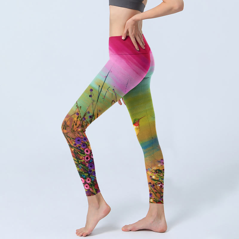 Nimara Ritual Blooming Flower Bird Pattern Print Gym Leggings Women's Yoga Pants