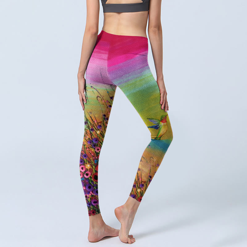 Nimara Ritual Blooming Flower Bird Pattern Print Gym Leggings Women's Yoga Pants