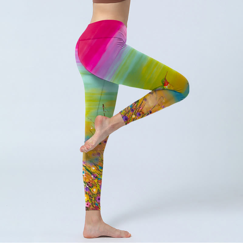 Nimara Ritual Blooming Flower Bird Pattern Print Gym Leggings Women's Yoga Pants
