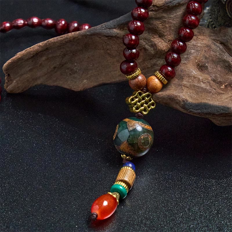 Peace and Protection Tibetan Handmade Wenge Wood Dzi Bead Elephant Head Necklace Pendant