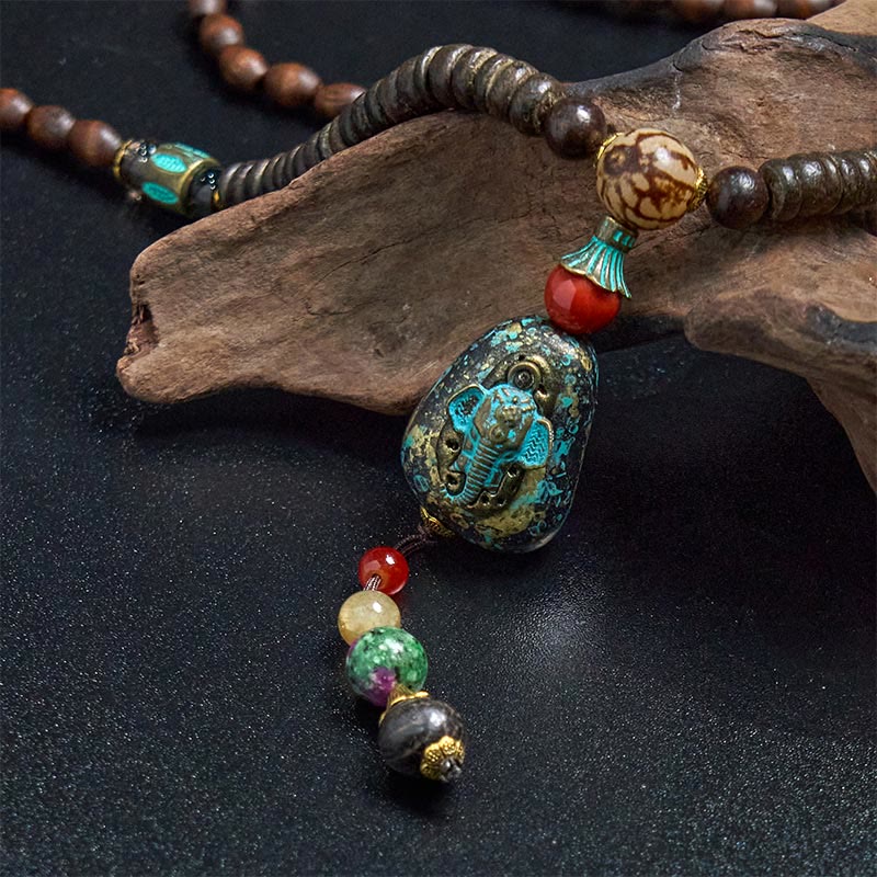 Peace and Protection Tibetan Handmade Wenge Wood Dzi Bead Elephant Head Necklace Pendant