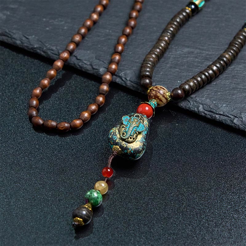 Peace and Protection Tibetan Handmade Wenge Wood Dzi Bead Elephant Head Necklace Pendant