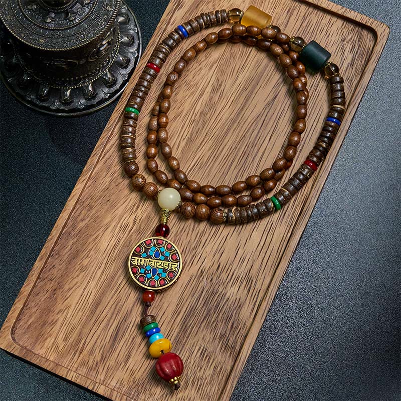 Nimara Ritual Tibetan Handmade Coconut Shell Schima Wood Great Bright Mantra Copper Bead Balance Necklace Pendant