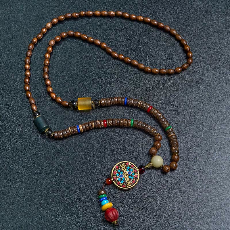 Nimara Ritual Tibetan Handmade Coconut Shell Schima Wood Great Bright Mantra Copper Bead Balance Necklace Pendant