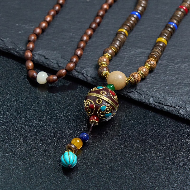 Nimara Ritual Tibetan Handmade Coconut Shell Schima Wood Great Bright Mantra Copper Bead Balance Necklace Pendant
