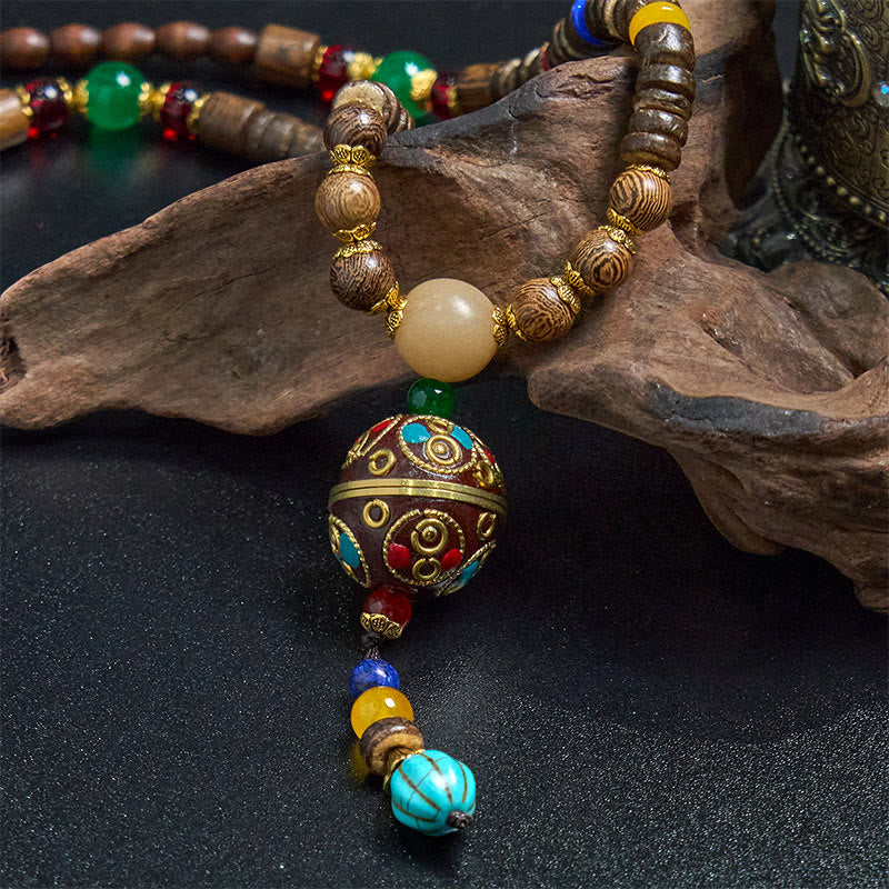 Nimara Ritual Tibetan Handmade Coconut Shell Schima Wood Great Bright Mantra Copper Bead Balance Necklace Pendant