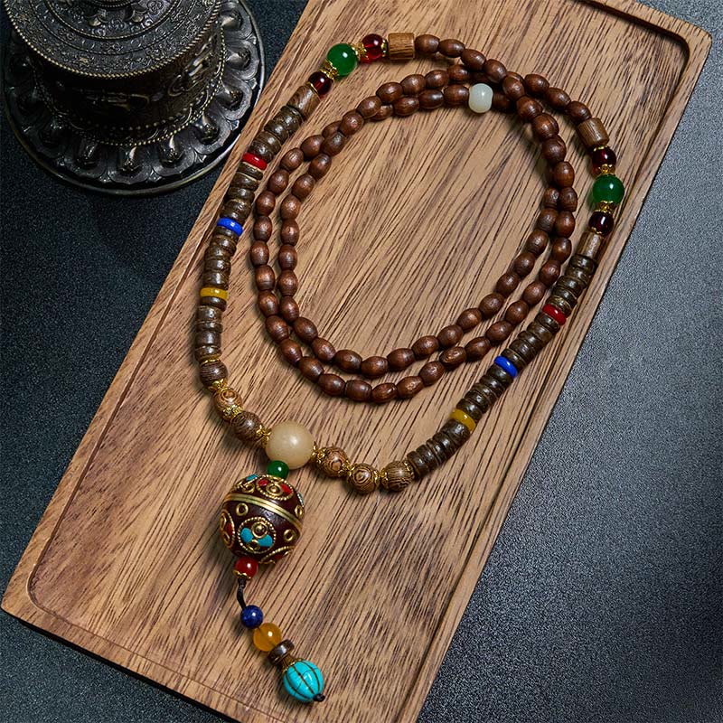 Nimara Ritual Tibetan Handmade Coconut Shell Schima Wood Great Bright Mantra Copper Bead Balance Necklace Pendant