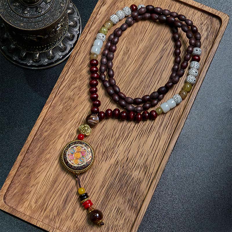 Nimara Ritual Tibetan Handmade Wood Beads Om Mani Padme Hum Samantabhadra Bodhisattva Purity Necklace Pendant