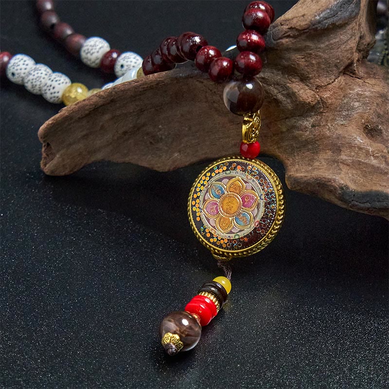 Nimara Ritual Tibetan Handmade Wood Beads Om Mani Padme Hum Samantabhadra Bodhisattva Purity Necklace Pendant