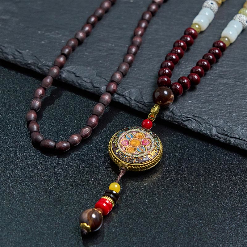 Nimara Ritual Tibetan Handmade Wood Beads Om Mani Padme Hum Samantabhadra Bodhisattva Purity Necklace Pendant
