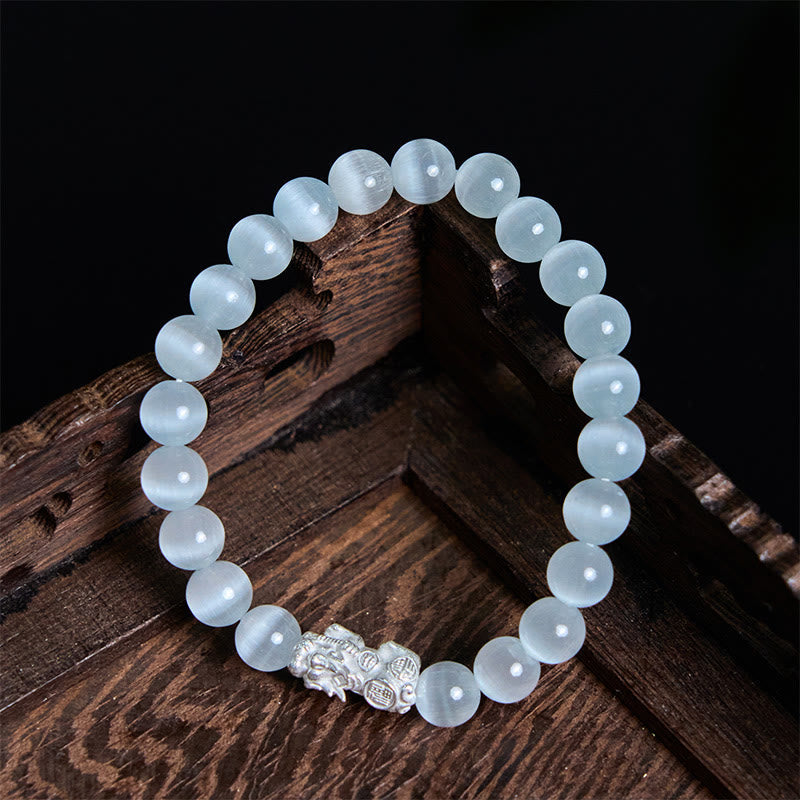 Nimara Ritual Natural Cat's Eye Beads 990 Sterling Silver Pixiu Positive Bracelet
