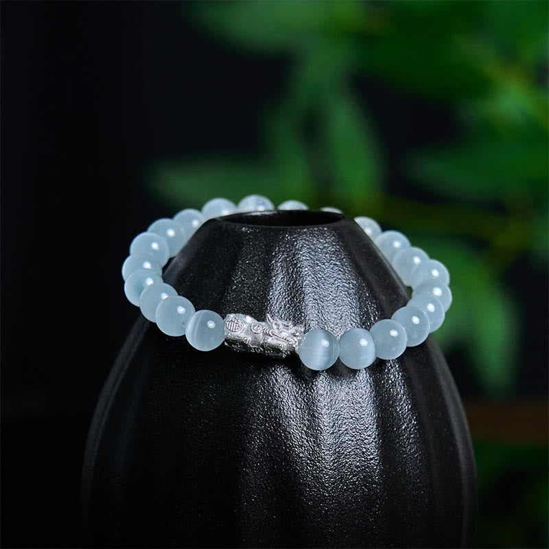 Nimara Ritual Natural Cat's Eye Beads 990 Sterling Silver Pixiu Positive Bracelet