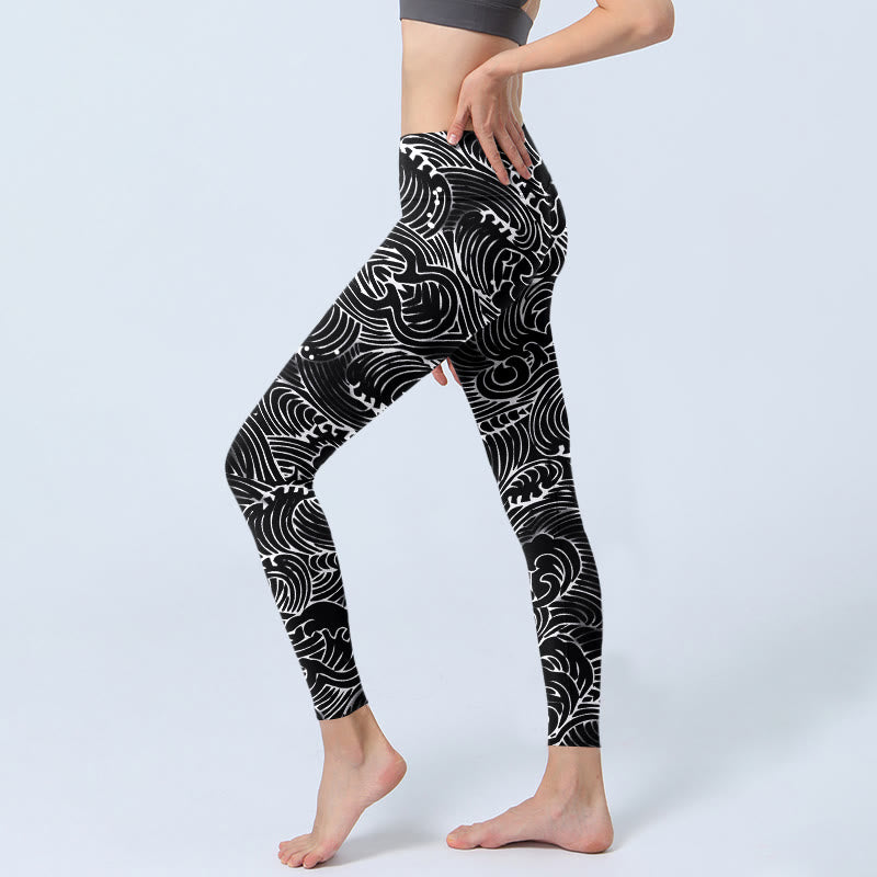 Nimara Ritual White Line Waves Pattern Print Gym Leggings Women's Yoga Pants