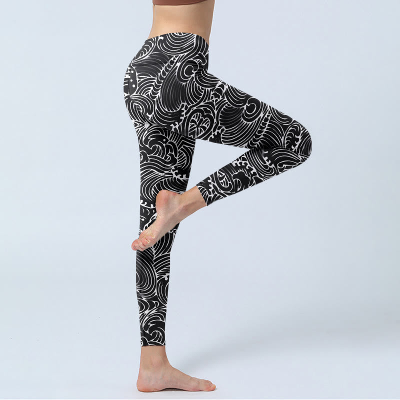 Nimara Ritual White Line Waves Pattern Print Gym Leggings Women's Yoga Pants