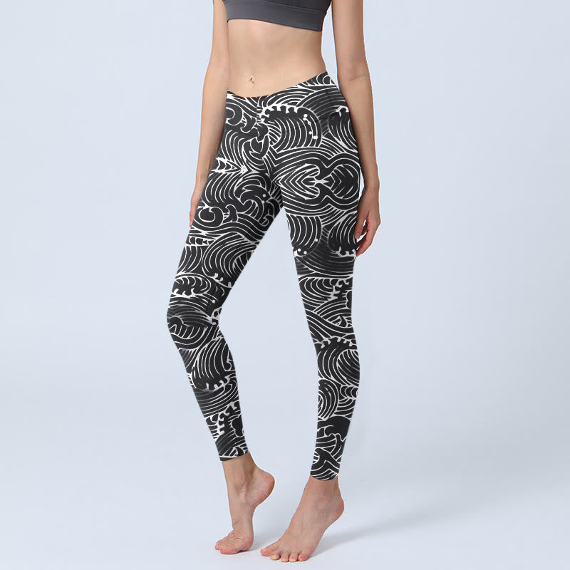 Nimara Ritual White Line Waves Pattern Print Gym Leggings Women's Yoga Pants