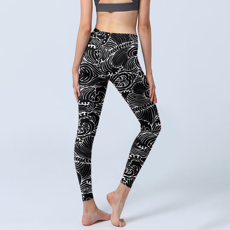 Nimara Ritual White Line Waves Pattern Print Gym Leggings Women's Yoga Pants
