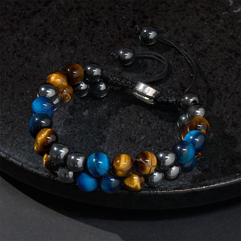 Nimara Ritual Natural Blue Tiger Eye Black Magnetite Om Pattern Double Row Beads Strength Bracelet