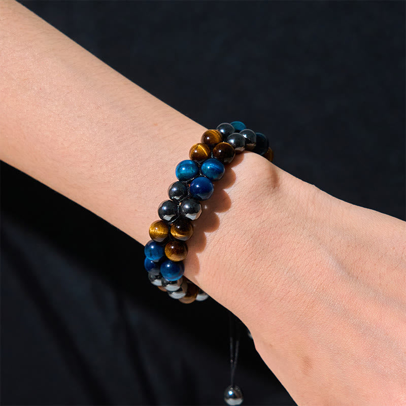 Nimara Ritual Natural Blue Tiger Eye Black Magnetite Om Pattern Double Row Beads Strength Bracelet
