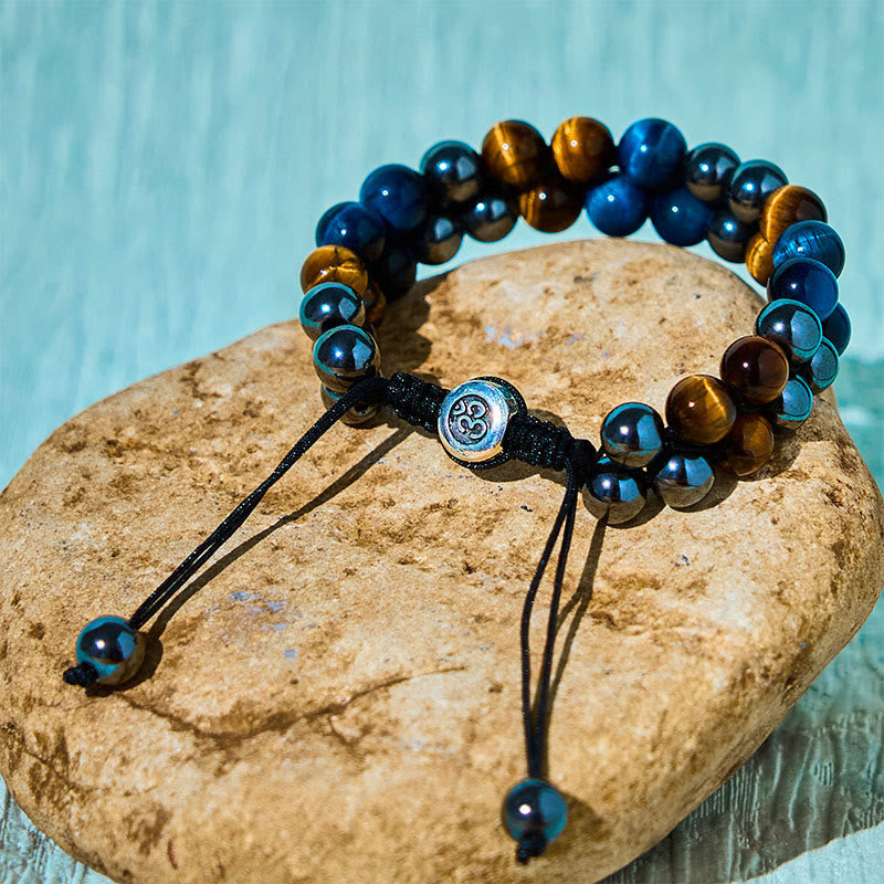 Nimara Ritual Natural Blue Tiger Eye Black Magnetite Om Pattern Double Row Beads Strength Bracelet