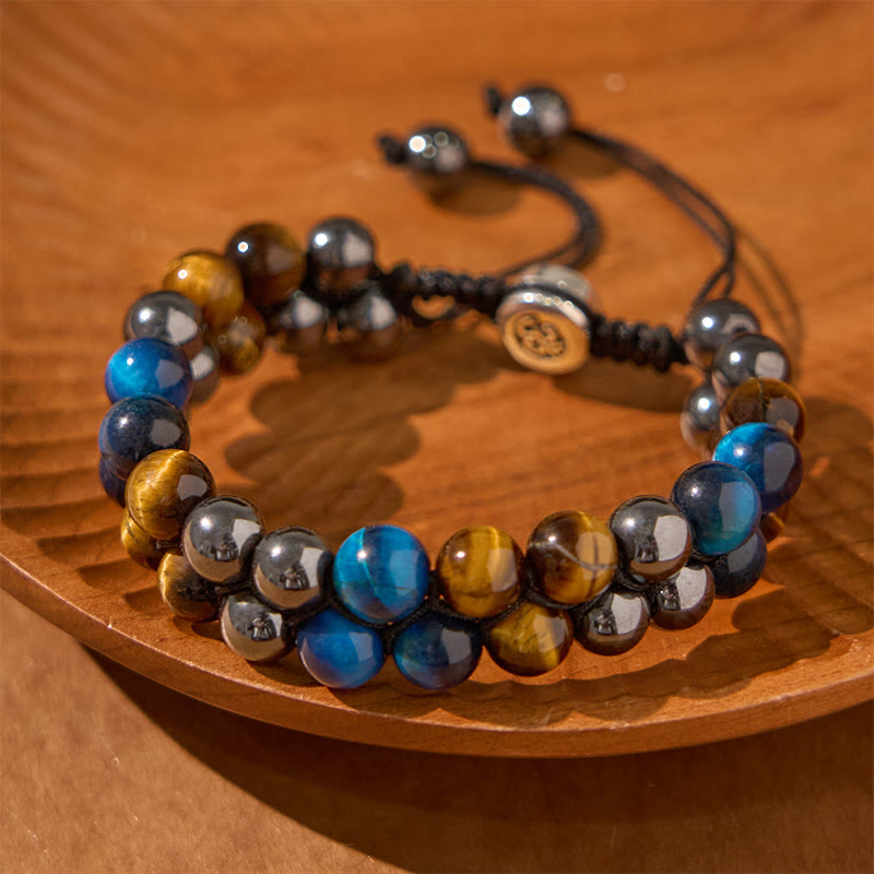 Nimara Ritual Natural Blue Tiger Eye Black Magnetite Om Pattern Double Row Beads Strength Bracelet