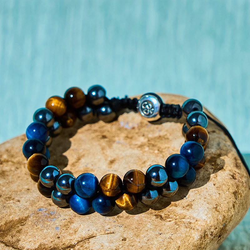 Nimara Ritual Natural Blue Tiger Eye Black Magnetite Om Pattern Double Row Beads Strength Bracelet