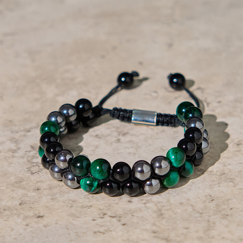 Nimara Ritual Natural Green Tiger Eye Black Magnetite Black Obsidian Double Row Beads Positive Bracelet
