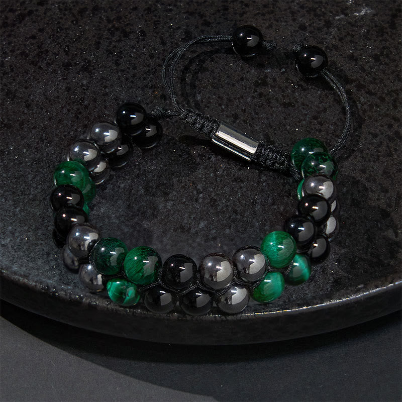 Nimara Ritual Natural Green Tiger Eye Black Magnetite Black Obsidian Double Row Beads Positive Bracelet