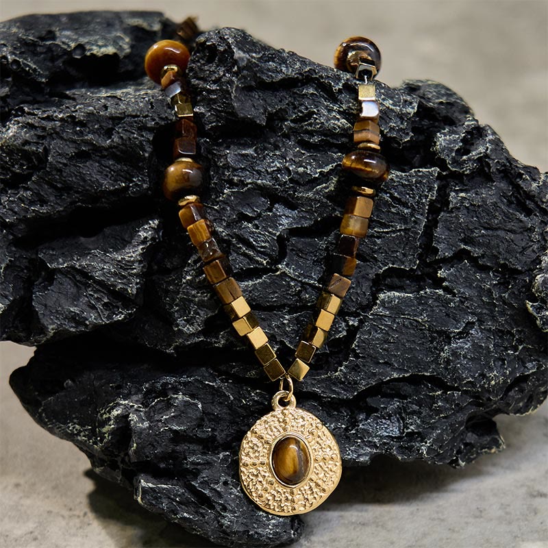 Nimara Ritual Natural Tiger Eye Square Protection Titanium Steel Necklace Pendant