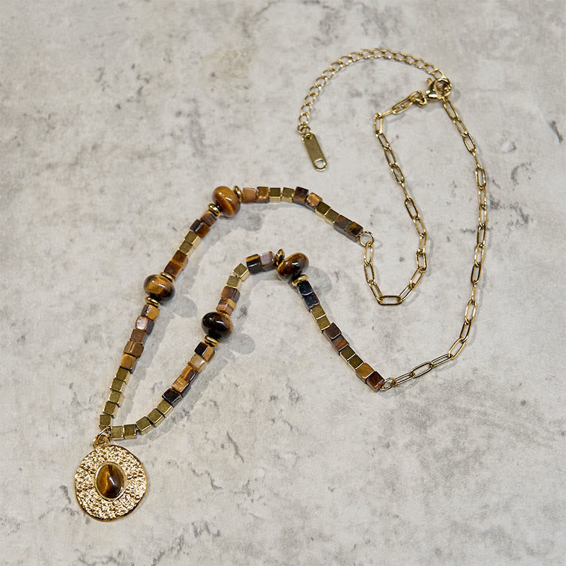 Nimara Ritual Natural Tiger Eye Square Protection Titanium Steel Necklace Pendant