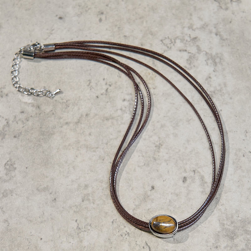 Nimara Ritual Natural Tiger Eye Ellipse Protection Wax Rope Necklace Pendant