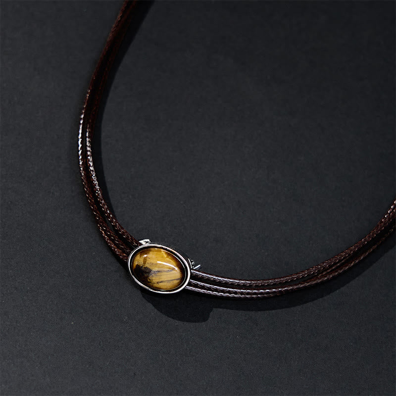 Nimara Ritual Natural Tiger Eye Ellipse Protection Wax Rope Necklace Pendant