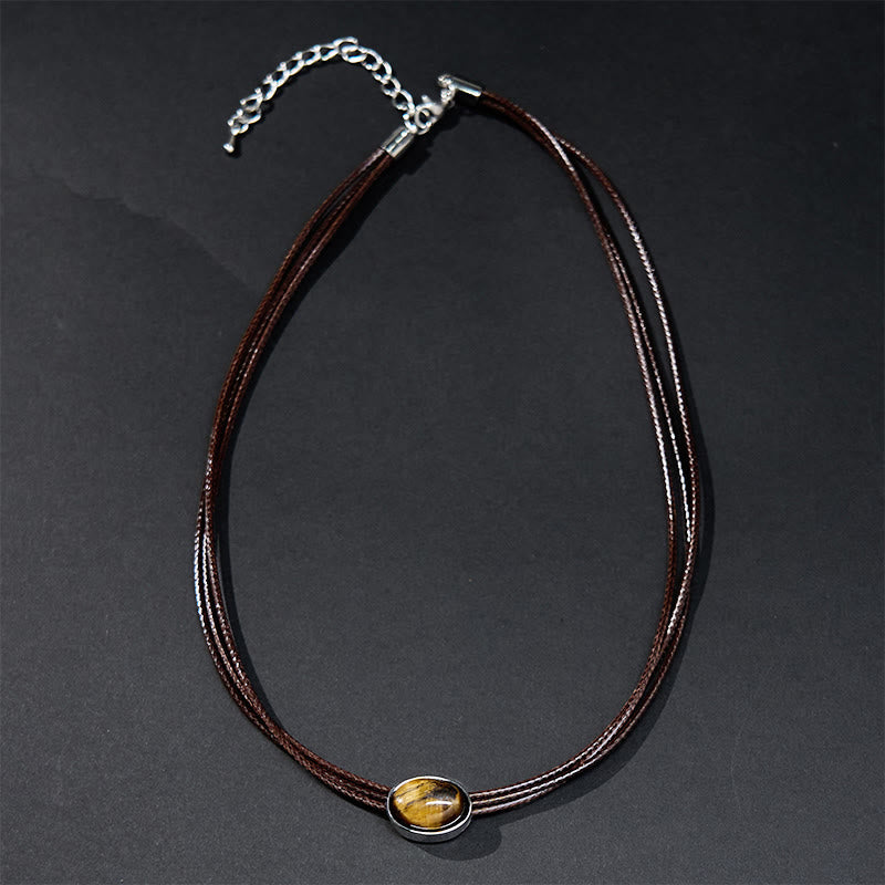 Nimara Ritual Natural Tiger Eye Ellipse Protection Wax Rope Necklace Pendant