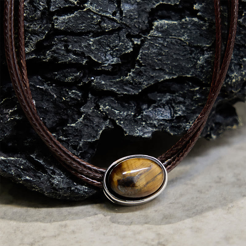 Nimara Ritual Natural Tiger Eye Ellipse Protection Wax Rope Necklace Pendant