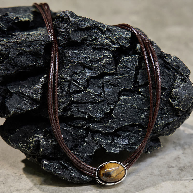 Nimara Ritual Natural Tiger Eye Ellipse Protection Wax Rope Necklace Pendant