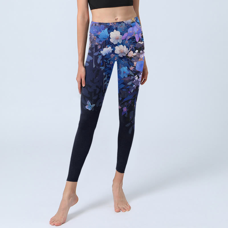 Nimara Ritual Purple Flower Butterfly Pattern Print Gym Leggings Women's Yoga Pants