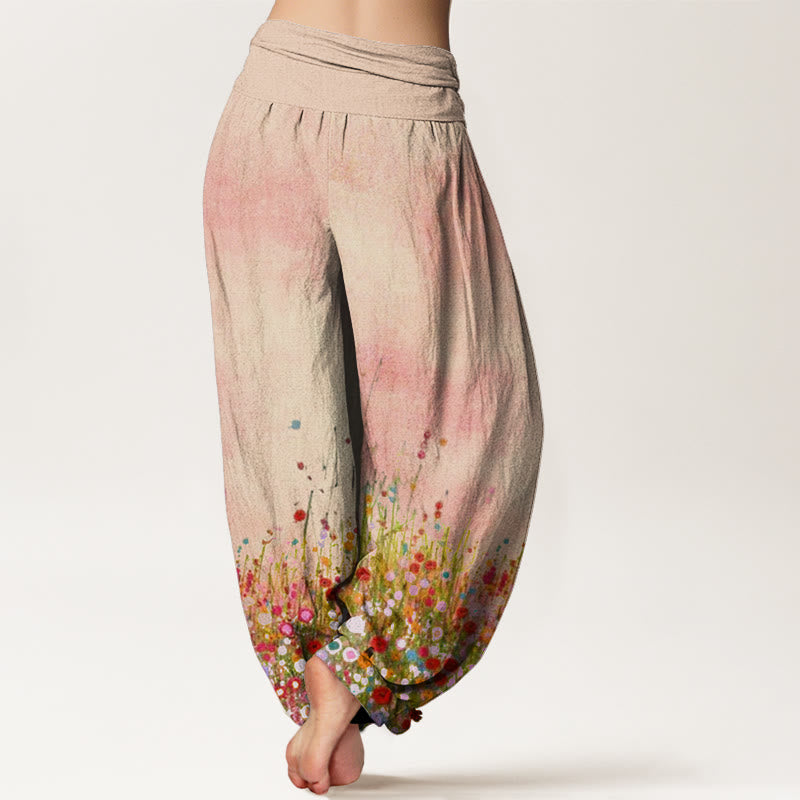 Nimara Ritual Cotton Casual Colorful Wildflower Field Pattern Women's Elastic Waist Harem Pants
