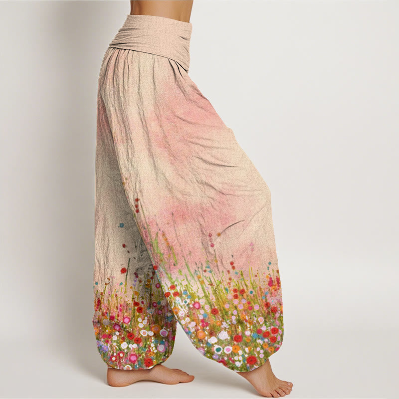 Nimara Ritual Cotton Casual Colorful Wildflower Field Pattern Women's Elastic Waist Harem Pants