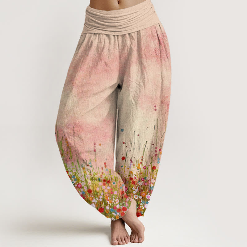 Nimara Ritual Cotton Casual Colorful Wildflower Field Pattern Women's Elastic Waist Harem Pants