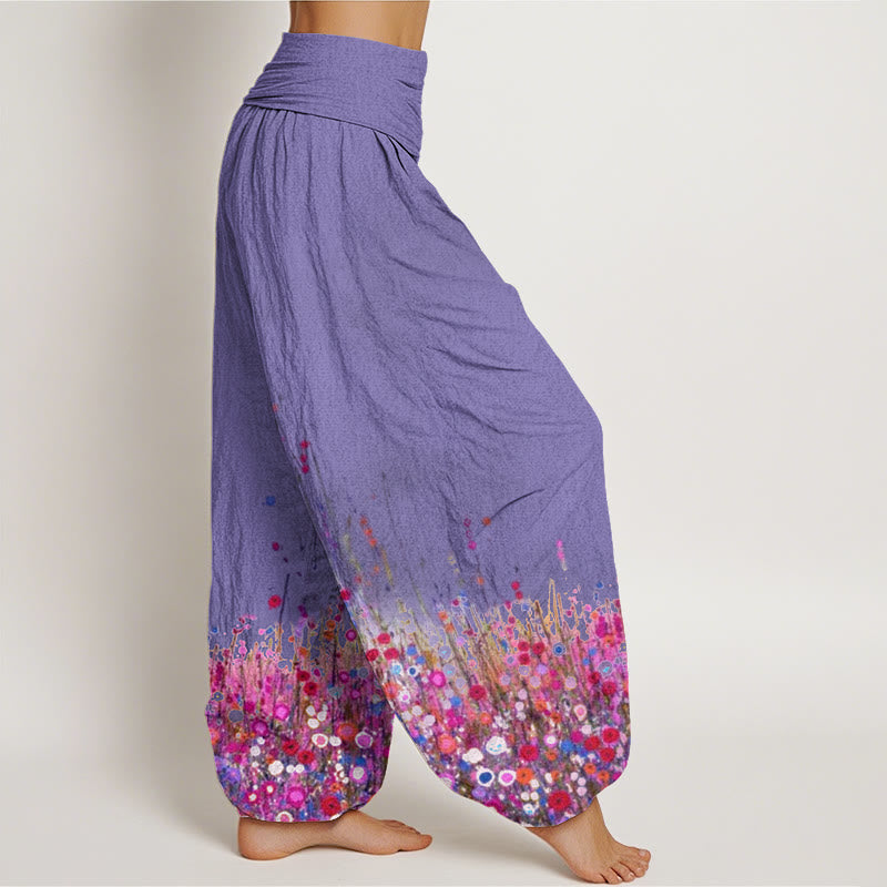 Nimara Ritual Cotton Casual Colorful Wildflower Field Pattern Women's Elastic Waist Harem Pants