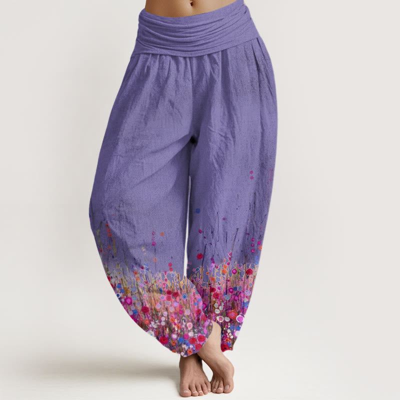Nimara Ritual Cotton Casual Colorful Wildflower Field Pattern Women's Elastic Waist Harem Pants