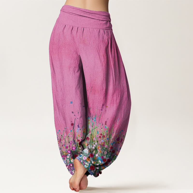 Nimara Ritual Cotton Casual Colorful Wildflower Field Pattern Women's Elastic Waist Harem Pants