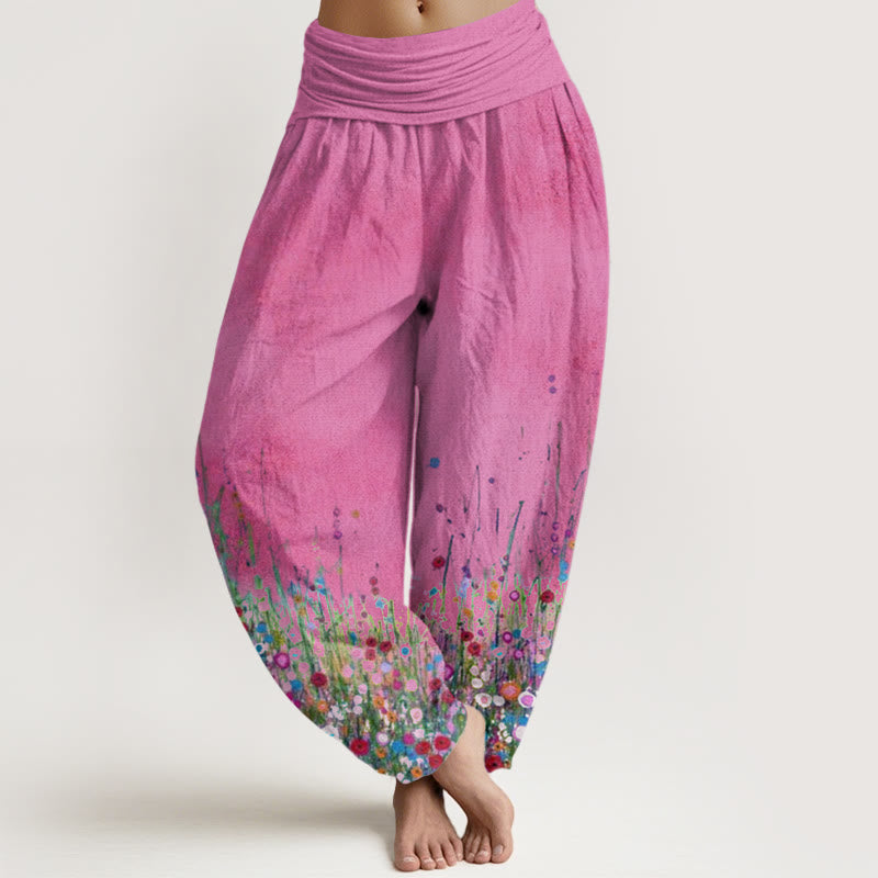 Nimara Ritual Cotton Casual Colorful Wildflower Field Pattern Women's Elastic Waist Harem Pants