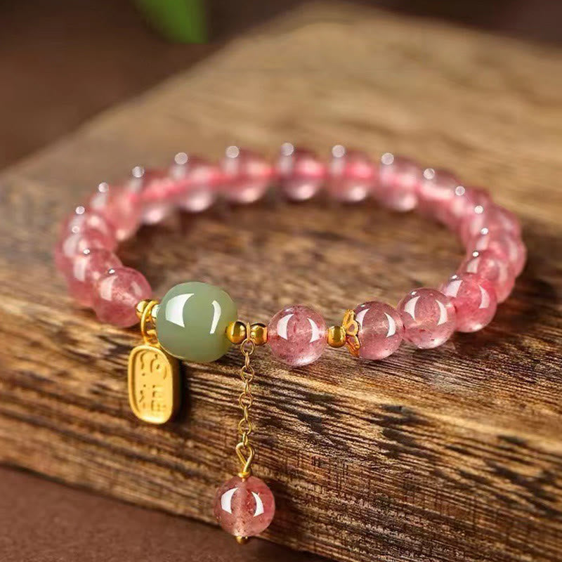Nimara Ritual Natural Strawberry Quartz Fu Character Jade Positive Healing Bracelet