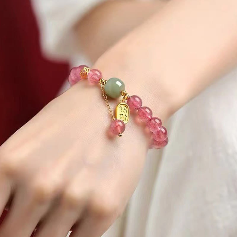 Nimara Ritual Natural Strawberry Quartz Fu Character Jade Positive Healing Bracelet