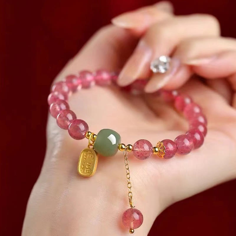 Nimara Ritual Natural Strawberry Quartz Fu Character Jade Positive Healing Bracelet