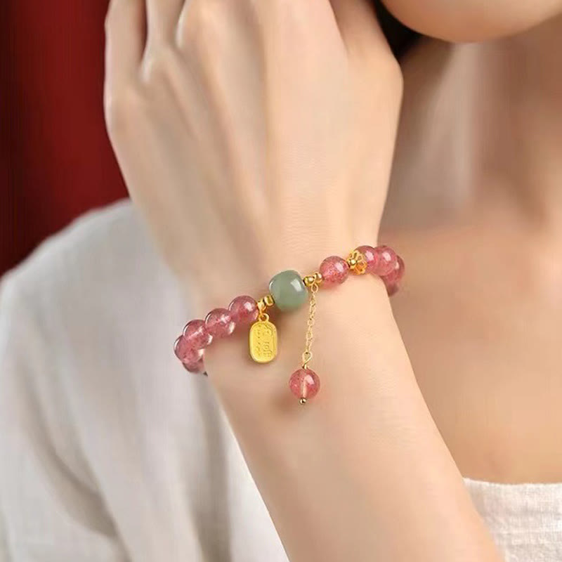 Nimara Ritual Natural Strawberry Quartz Fu Character Jade Positive Healing Bracelet