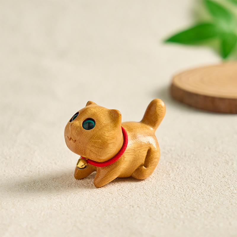 Nimara Ritual Mini Sandalwood Carved Lucky Confident Cat Healing Decoration
