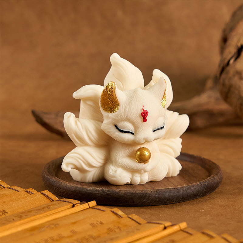 Nimara Ritual Small Nine Tailed Fox Carved Ivory Fruit Support Home Decoration